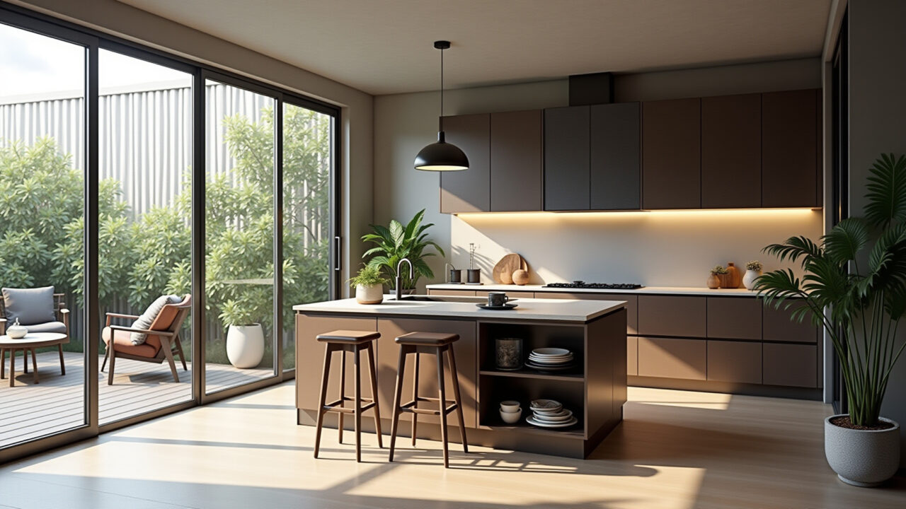 Cozinha compacta com ilha central para otimizar o espaço.