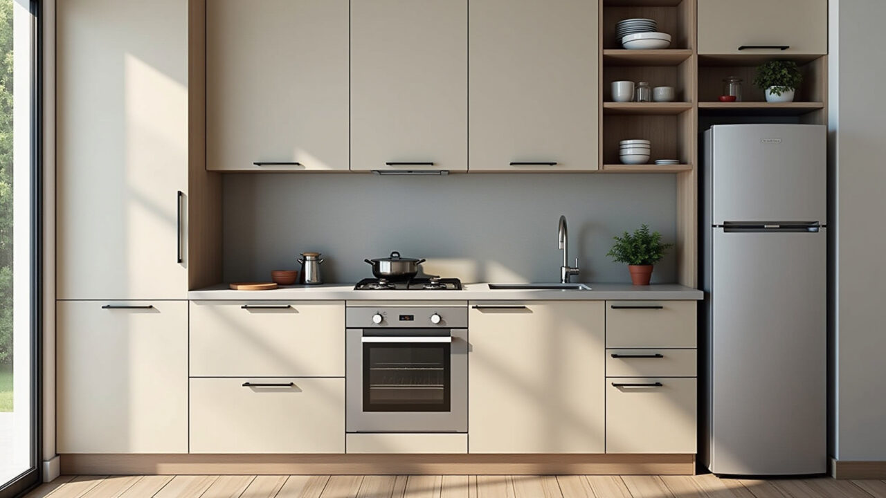 Eletrodomésticos compactos e multifuncionais em uma cozinha pequena e bem planejada.