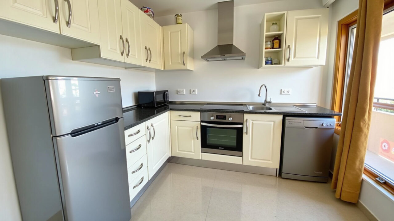 Compact kitchen in a one-bedroom apartment, Brazilian design, functional layout, bright colors, Cozinha compacta e funcional em apartamento de um quarto com design brasileiro.