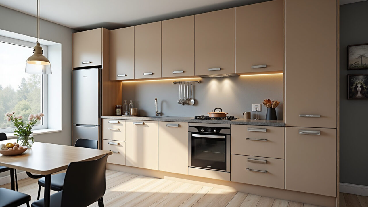 Compact kitchen, space optimization, smart solutions, planned cabinets, compact appliances, Cozinha compacta com armários planejados e eletrodomésticos compactos.