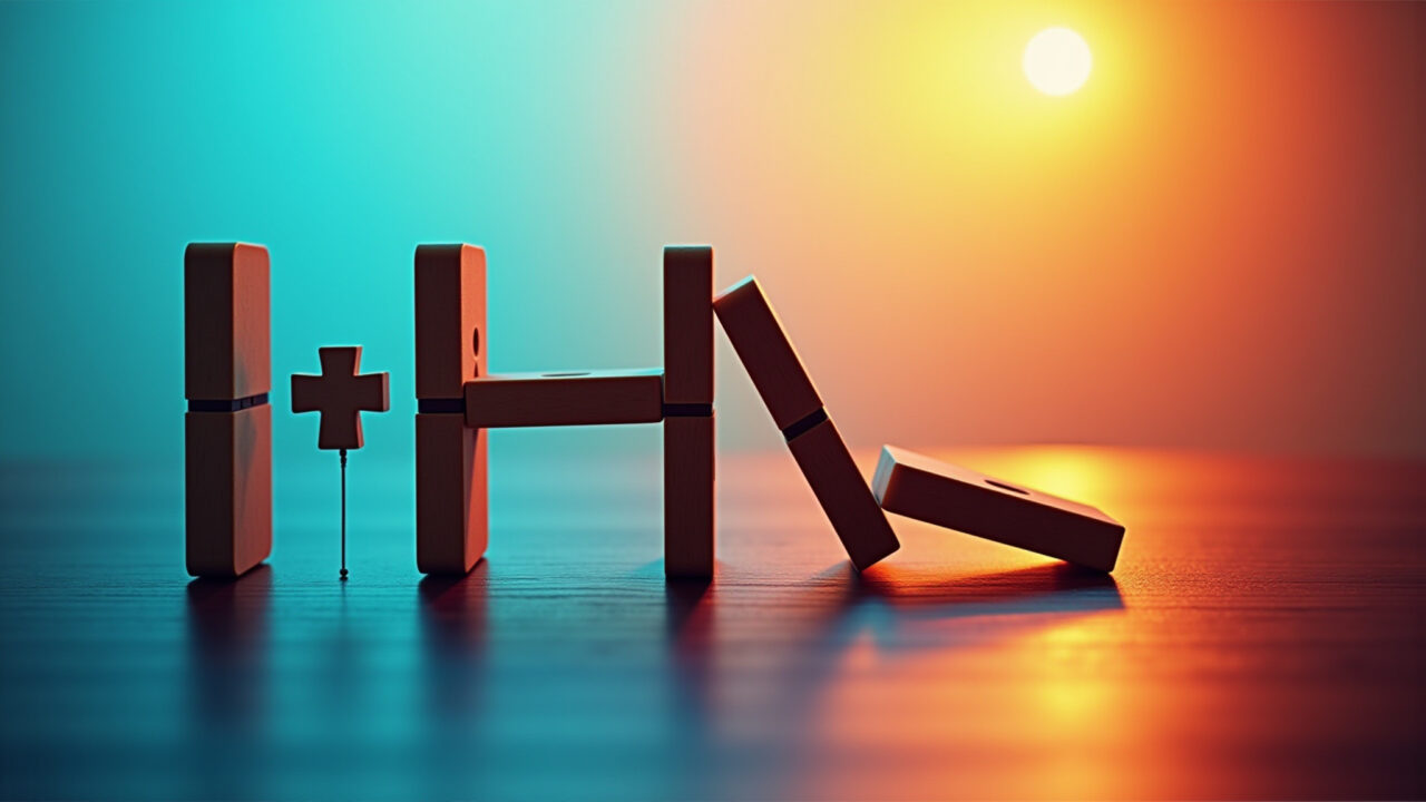 Conceptual art: A domino effect with positive actions leading to positive outcomes, representing Efeito dominó com ações positivas, representando a Lei de Causa e Efeito.