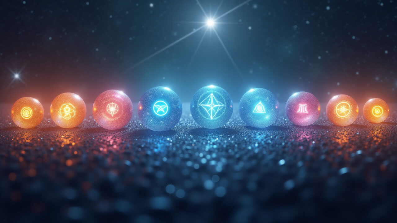 Conceptual art: Seven interconnected glowing orbs representing the Hermetic Laws, radiating light Sete orbes interconectadas representando as Leis Herméticas.
