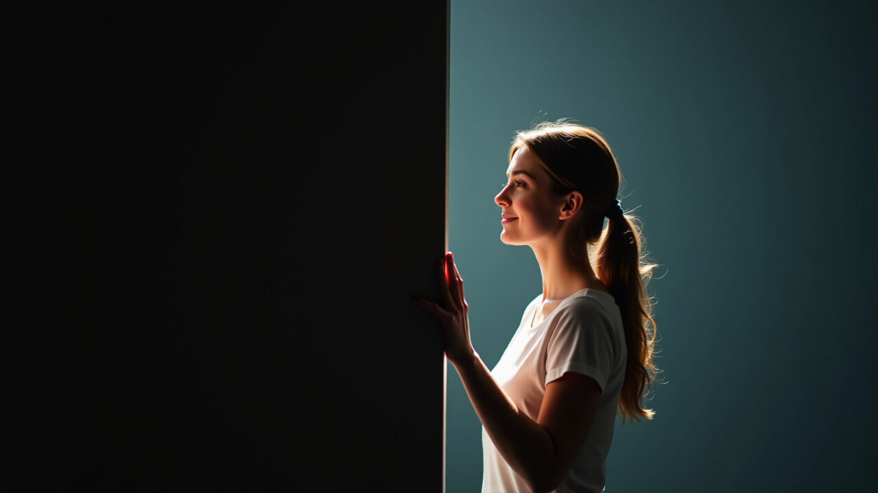 Conceptual photography: A woman standing between a dark shadow and bright light, balanced Mulher entre sombra e luz, representando a Lei da Polaridade.