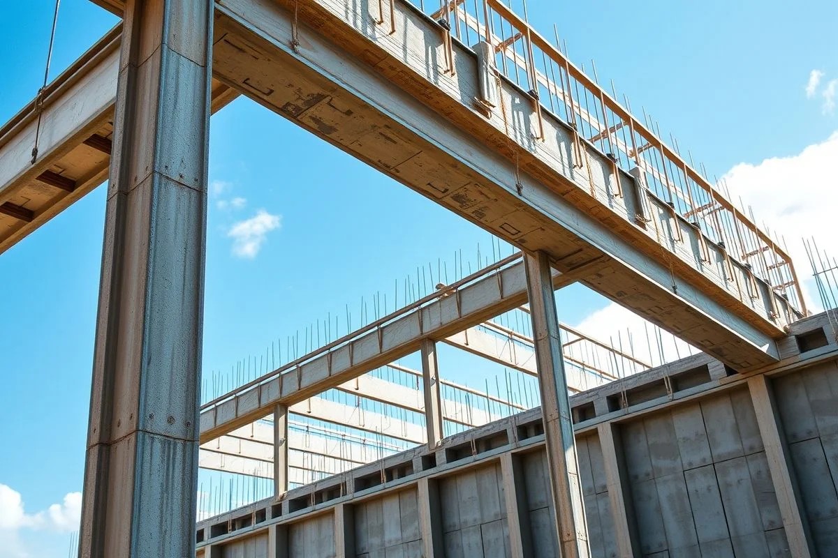 Canteiro de obras no Brasil mostrando a armação de aço de uma viga invertida antes da concretagem.