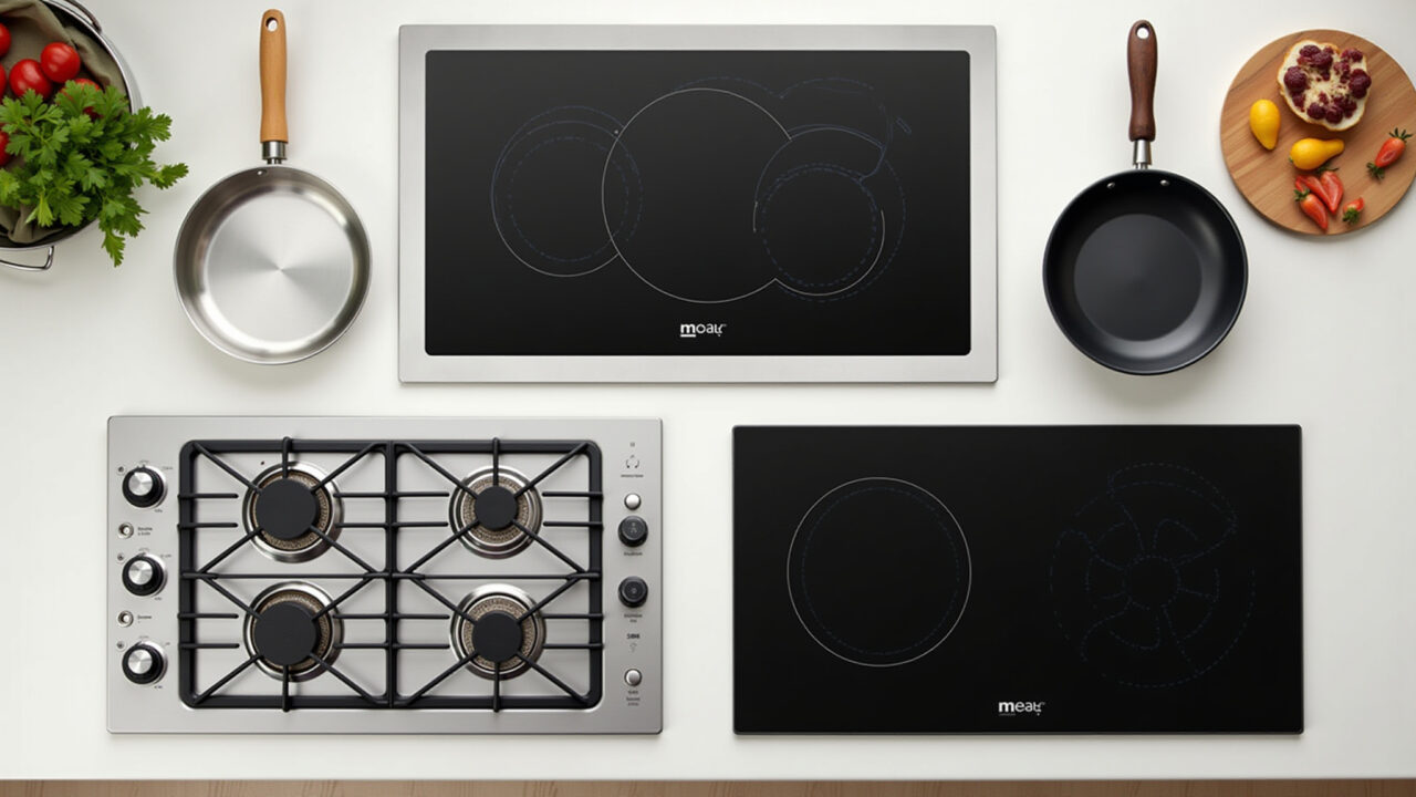 Comparativo de cooktops: gás, elétrico e indução.