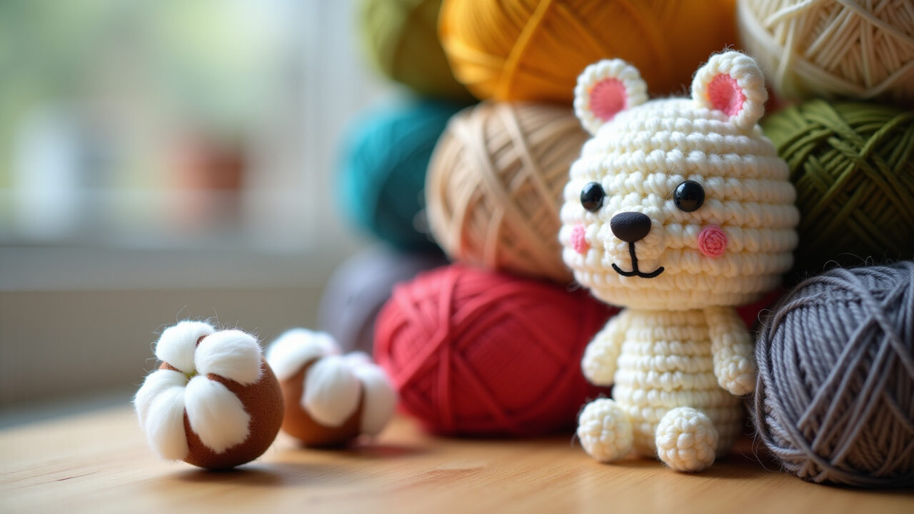 Cotton yarn for amigurumi sewing, durability, colorful threads, craft supplies, natural light, 8K Linha de algodão ideal para costurar amigurumi.