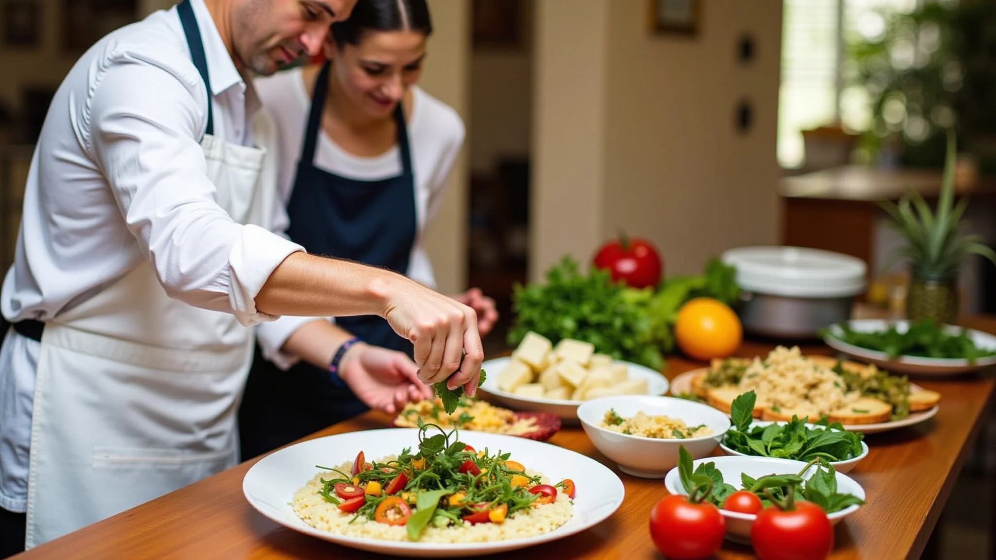 Casal curtindo aula de culinária na Bahia, aprendendo a culinária brasileira.