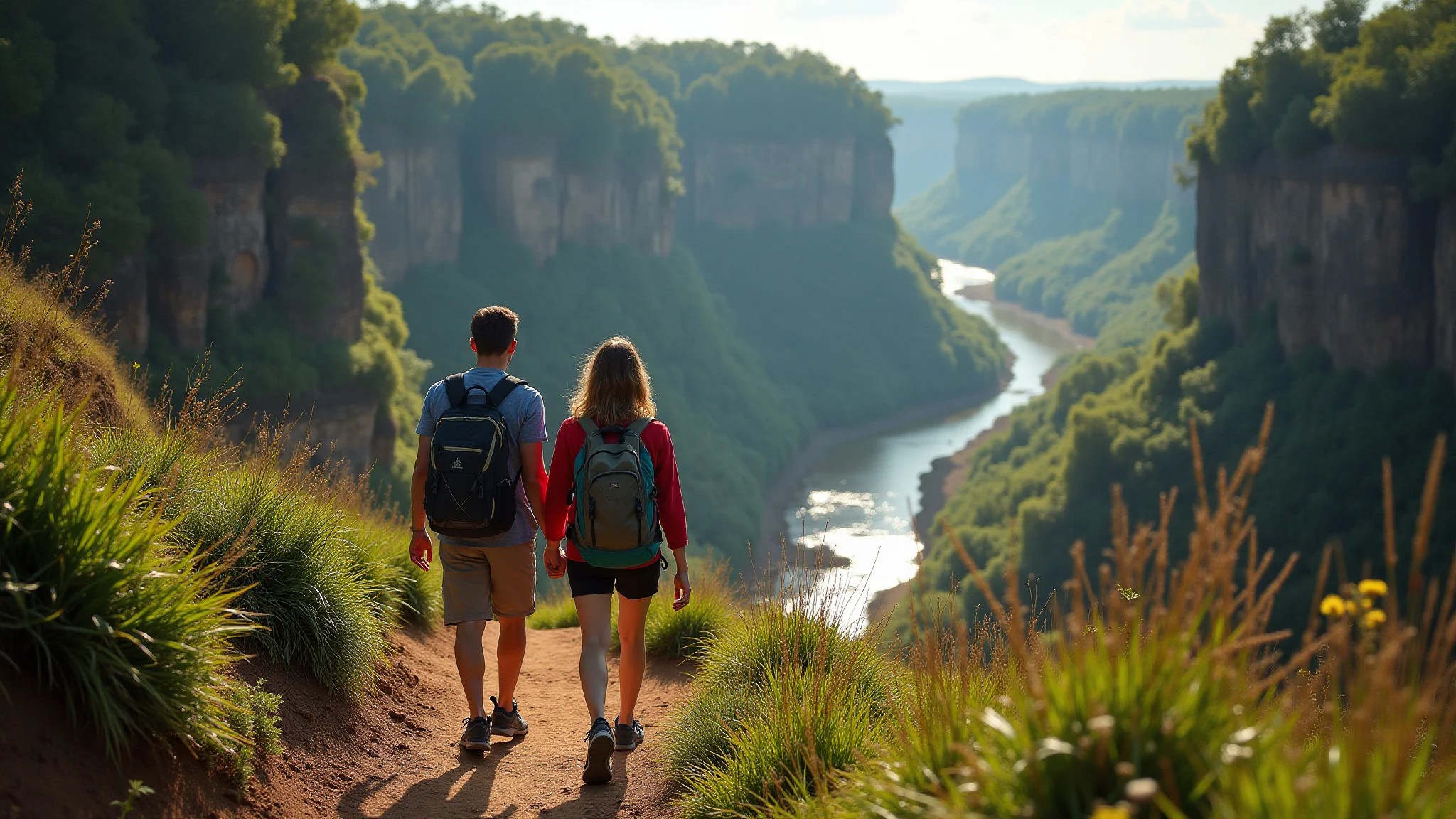Casal fazendo trilha na Chapada dos Veadeiros, Goiás. Aventura e ecoturismo.