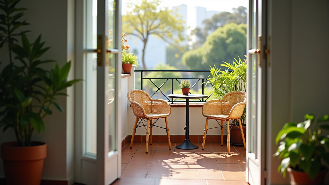 Cozy balcony, one-bedroom apartment, Brazilian style, small table, chairs, plants, natural light, Varanda aconchegante em apartamento de um quarto com plantas e decoração brasileira.