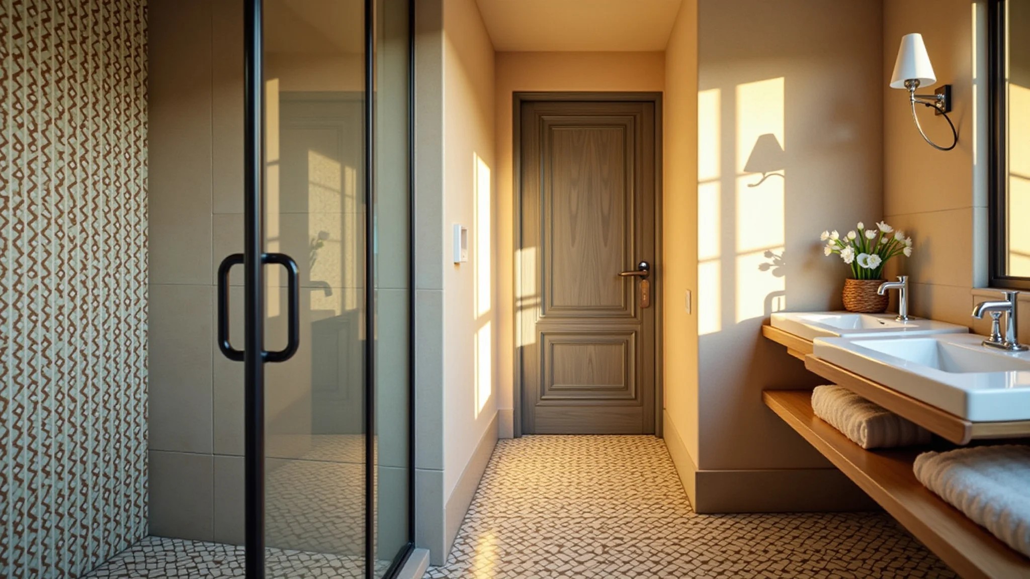 Banheiro aconchegante com azulejos geométricos no box, iluminação suave.