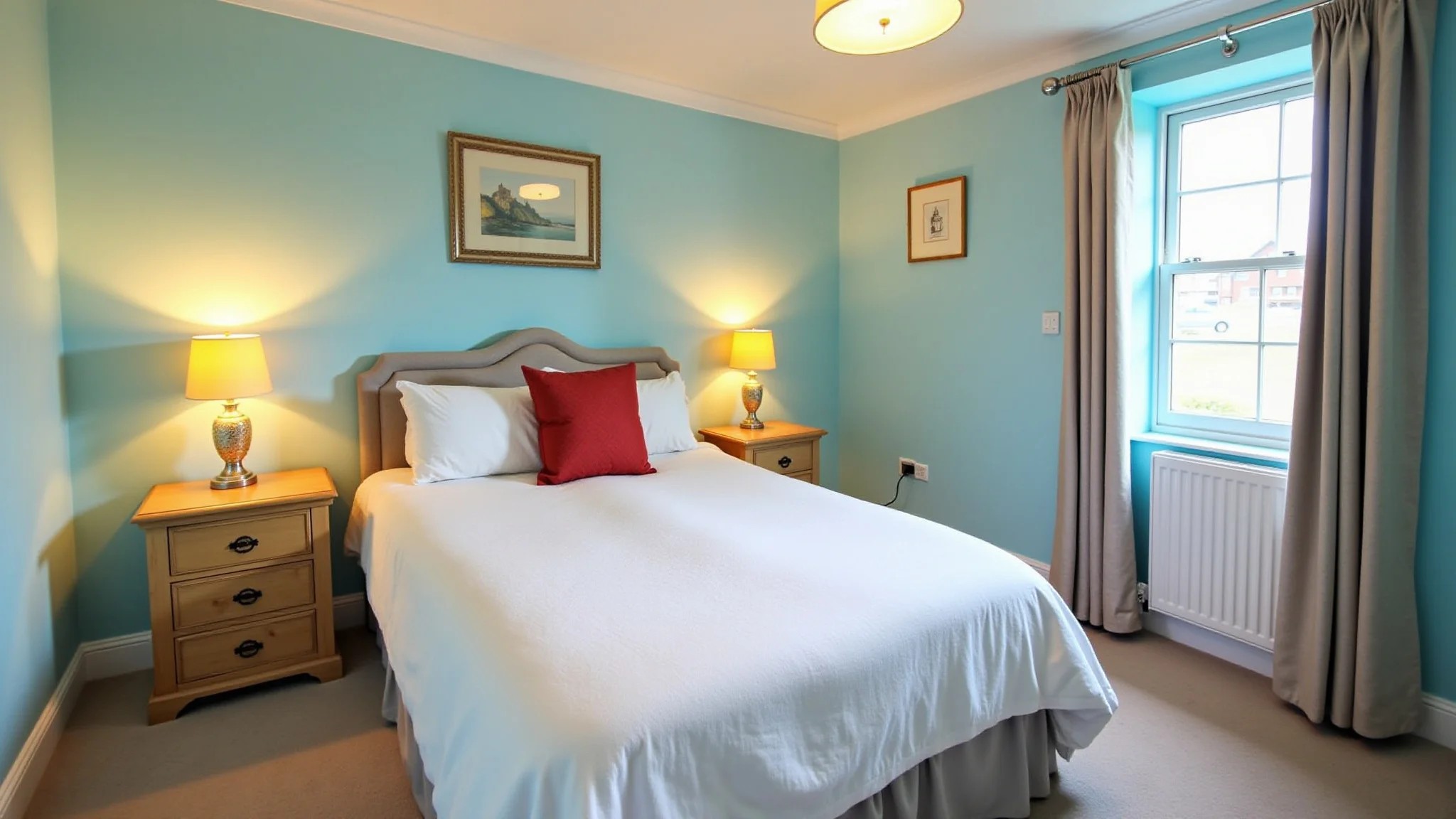 Quarto aconchegante com tema azul, luminárias amarelas e almofada vermelha. Iluminação natural.