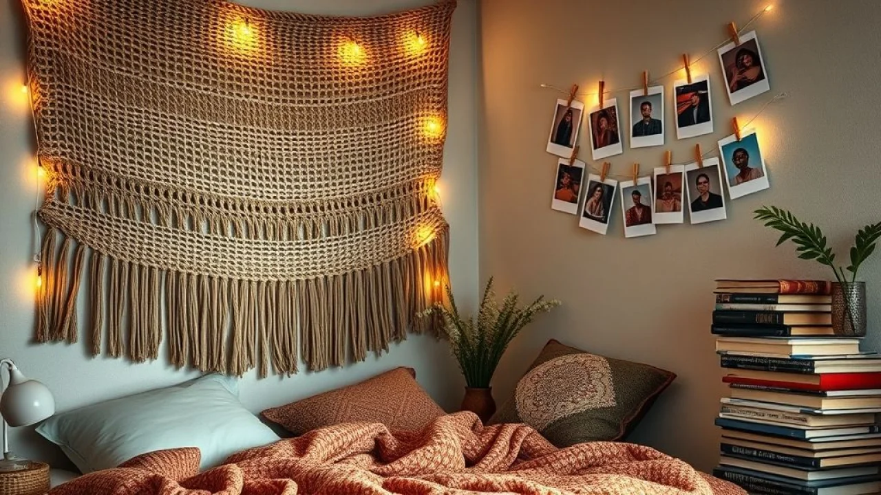 Quarto aconchegante com fotos, luzes e tapeçaria, estilo brasileiro.