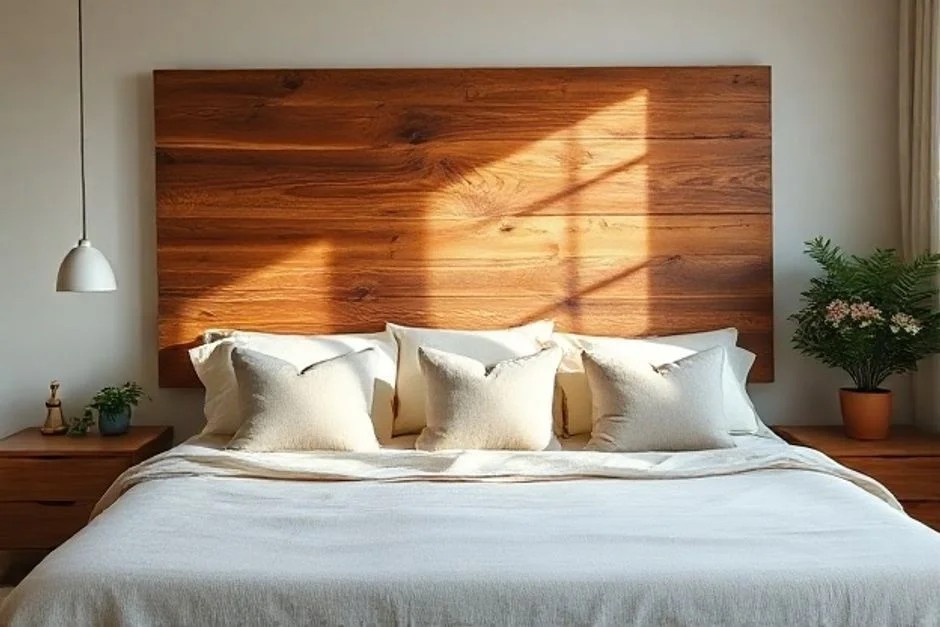Quarto aconchegante com cabeceira rústica de madeira, estilo brasileiro.