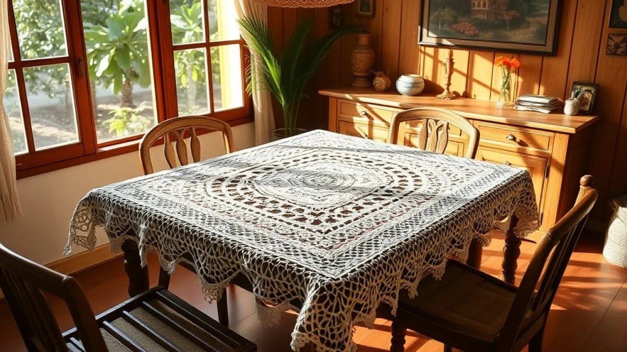 Cozy Brazilian dining room, square crochet tablecloth on wooden table, sunlight streaming through Toalha de mesa quadrada de crochê em mesa de madeira rústica, iluminação natural, decoração aconchegante brasileira.
