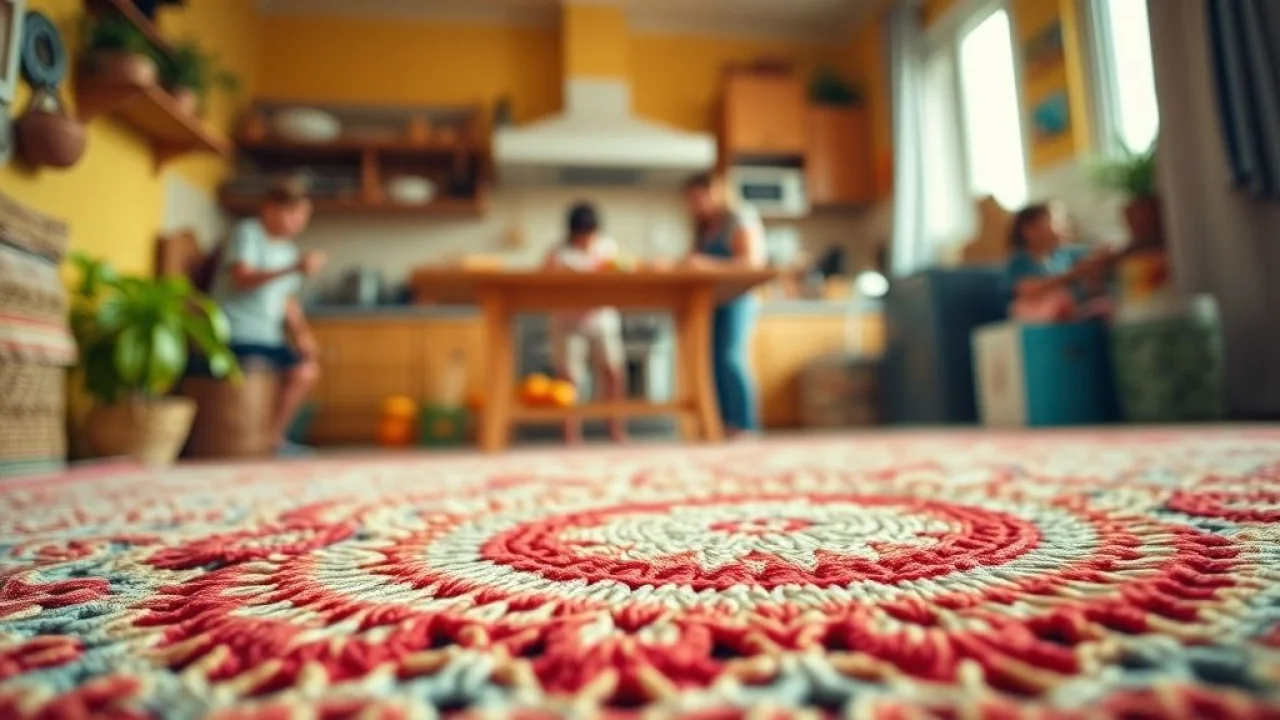 Cozy Brazilian kitchen scene, crochet rug in foreground showcasing intricate patterns, warm natural Tapete de crochê artesanal em cozinha brasileira aconchegante, com família ao fundo.