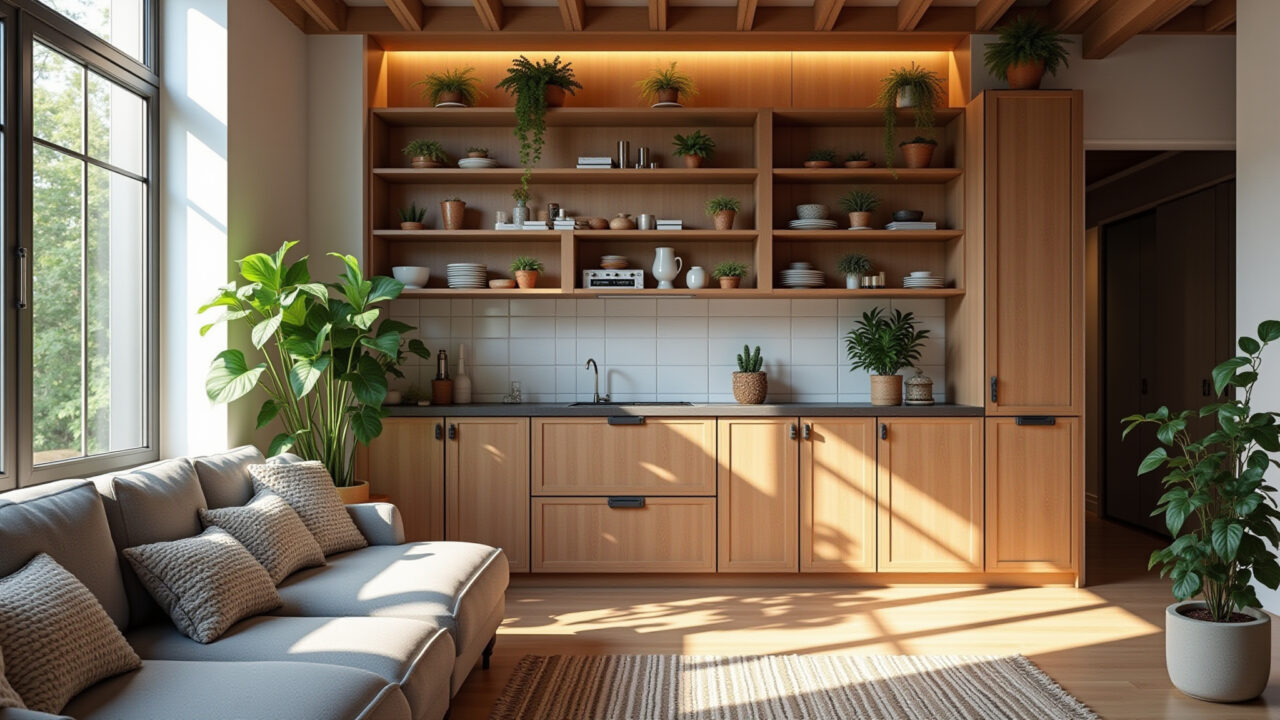 Cozy Brazilian kitnet with multifunctional furniture, sofa bed, and vertical shelves. Natural Kitnet brasileira com móveis multifuncionais e prateleiras verticais.