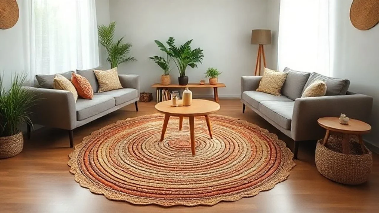 Cozy Brazilian living room featuring a handmade round crochet rug in warm earth tones, Tapete de crochê redondo artesanal em sala de estar aconchegante no Brasil.