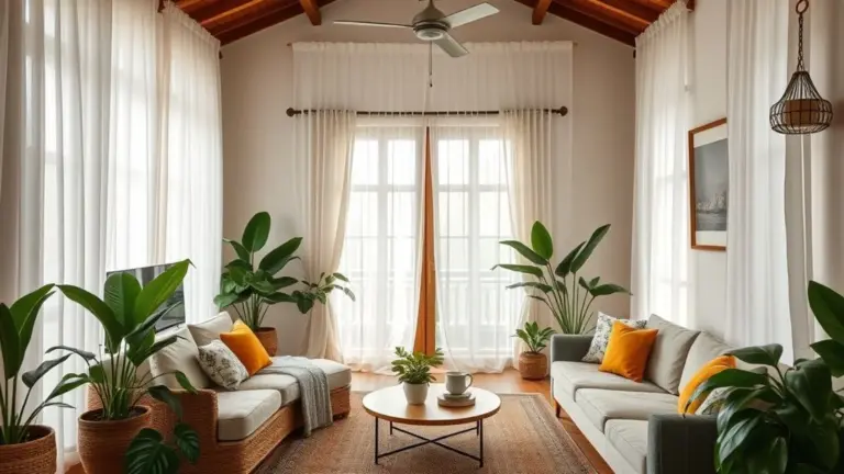 Sala de estar brasileira aconchegante com cortinas translúcidas e decoração vibrante.