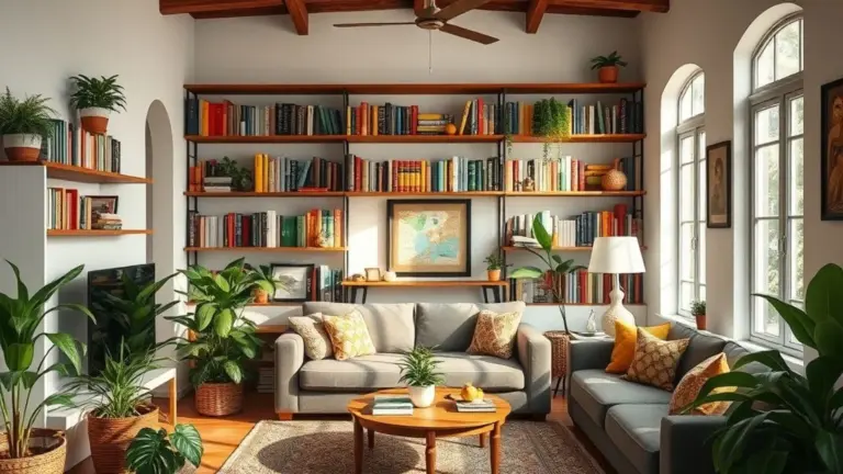 Estante de livros colorida e vibrante em sala aconchegante estilo brasileiro.