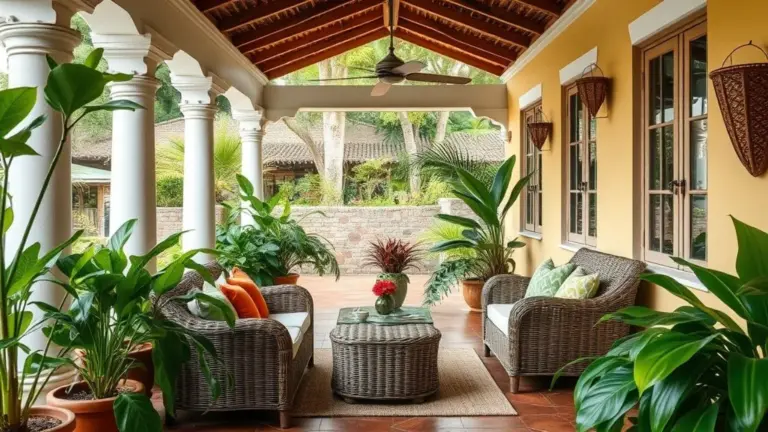Varanda brasileira aconchegante com móveis de vime e plantas exuberantes.