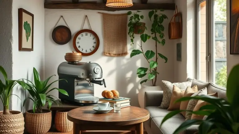 Cantinho do café aconchegante na sala, estilo rústico brasileiro, máquina de expresso e plantas.