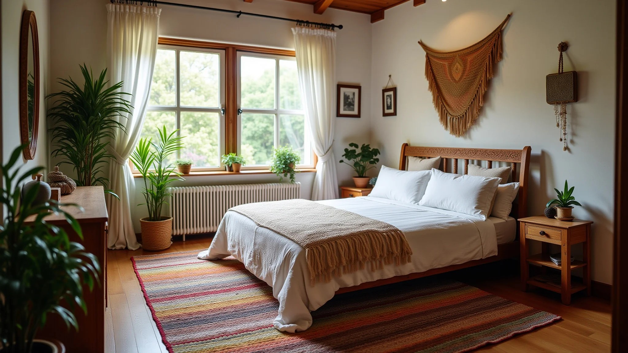 Quarto de casal aconchegante com tapete de crochê colorido, decoração brasileira e iluminação natural.