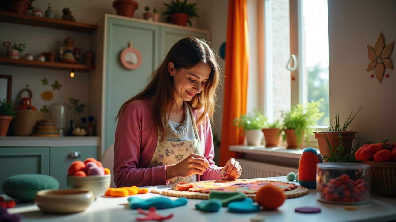 Mulher criando artesanato em feltro em casa.