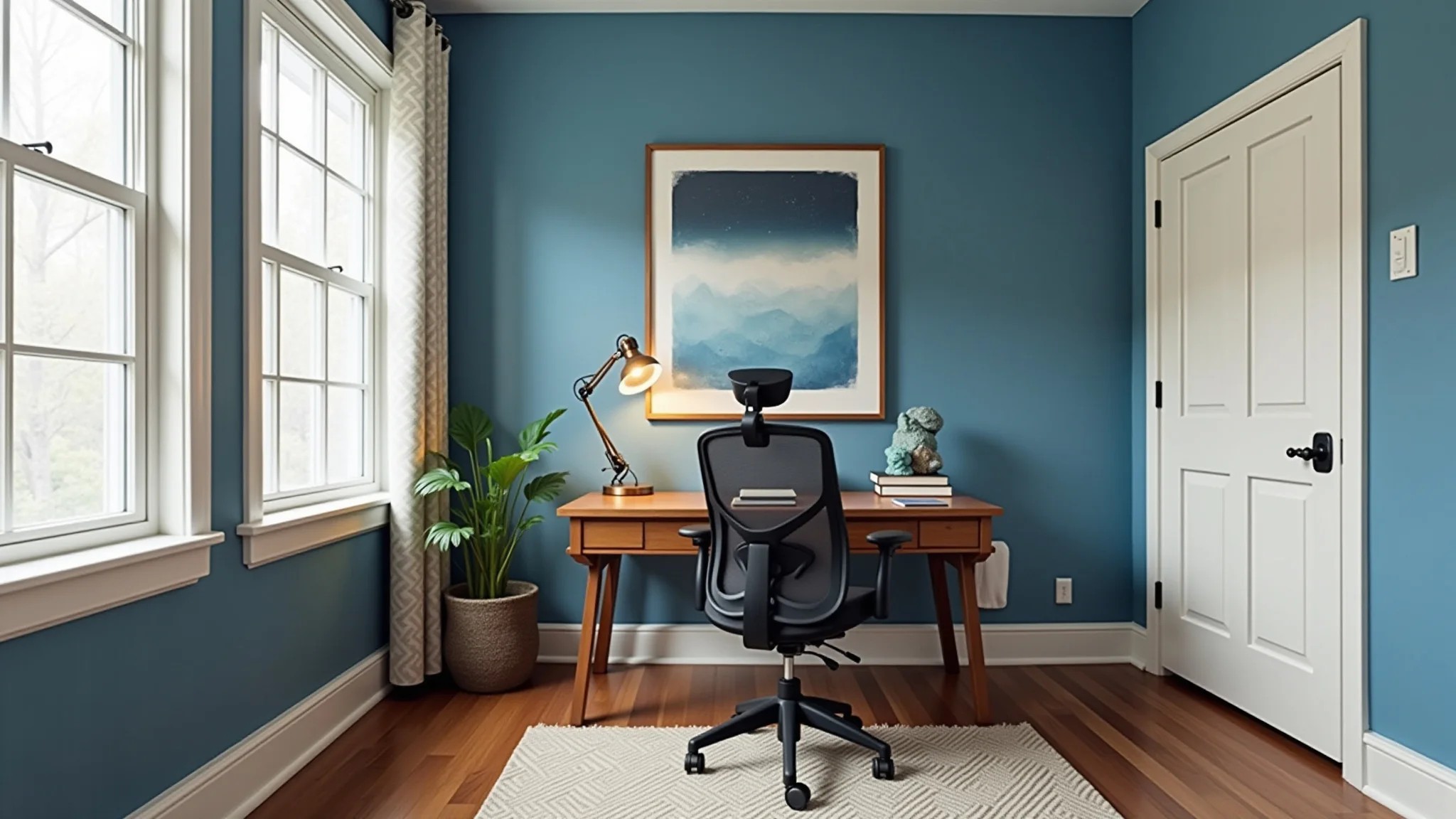 Canto de home office aconchegante com paredes azuis, cadeira ergonômica e cristais de feng shui.