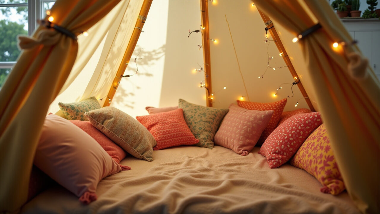 Cabana aconchegante decorada com luzes de fada e almofadas coloridas para crianças.