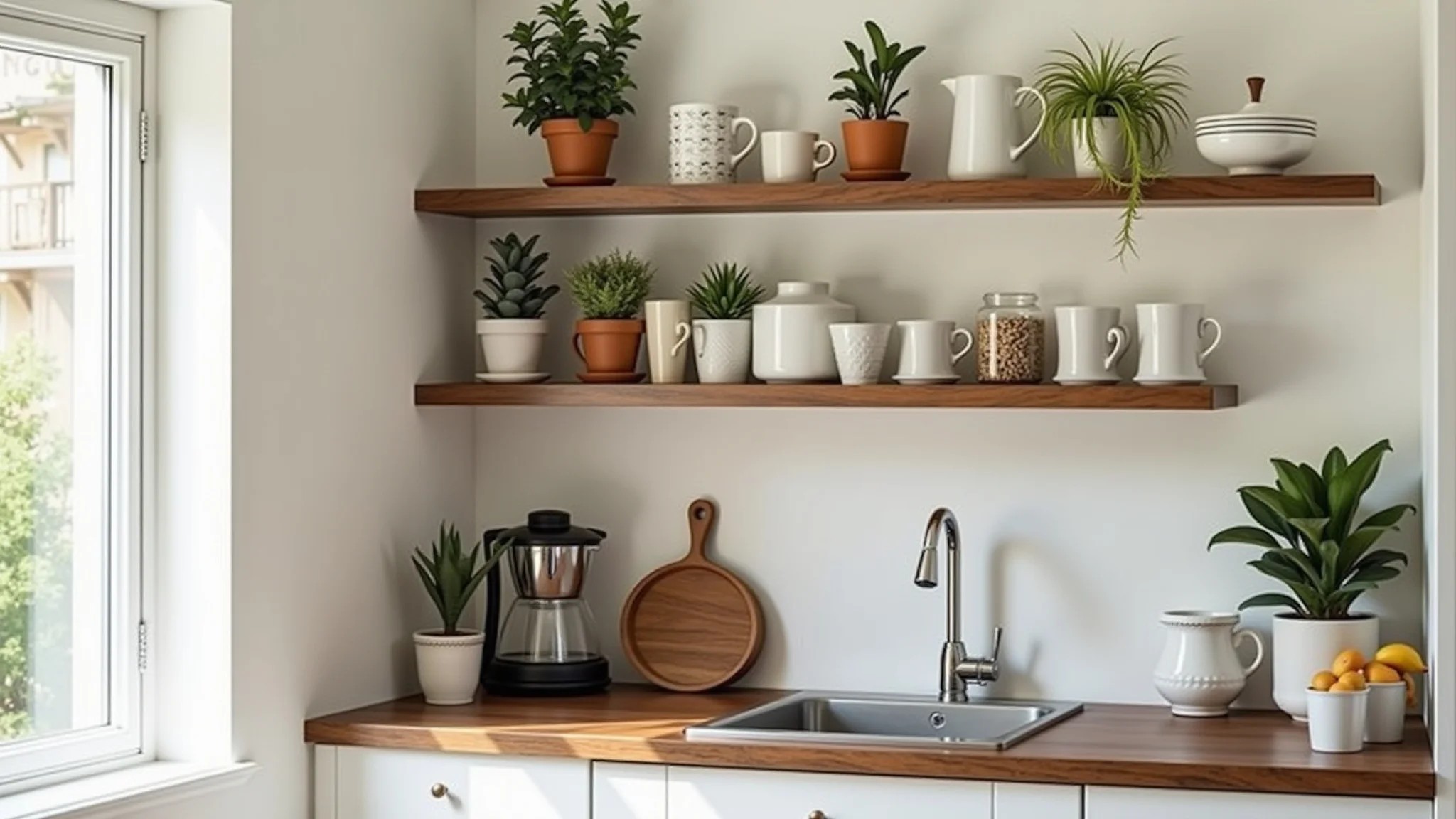 Canto aconchegante da cozinha com prateleiras flutuantes decoradas com canecas.