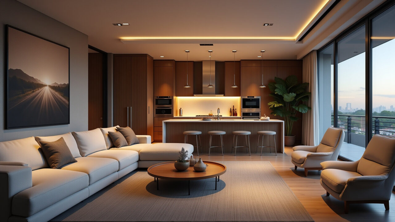 Cozy living room and kitchen integration with strategic lighting, warm and cold lights, Brazilian Iluminação estratégica em sala com cozinha integrada.