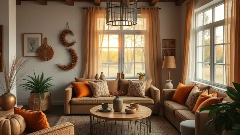 Sala aconchegante decorada para o outono com almofadas em tons terrosos e iluminação suave.