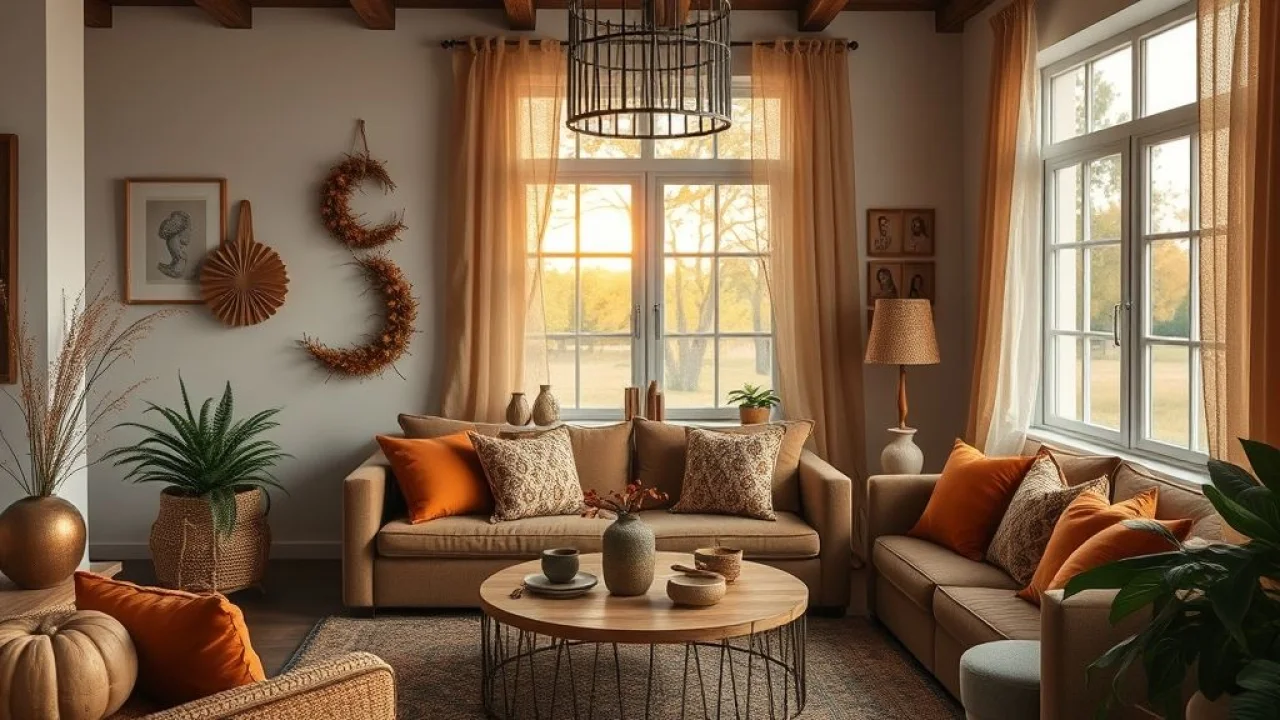 Sala aconchegante decorada para o outono com almofadas em tons terrosos e iluminação suave.