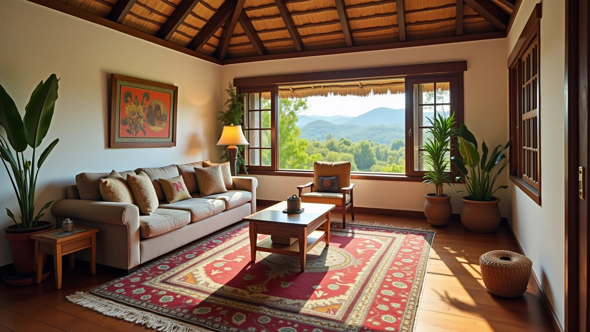 Sala de estar aconchegante com tapete vibrante, sofá confortável e luz natural.