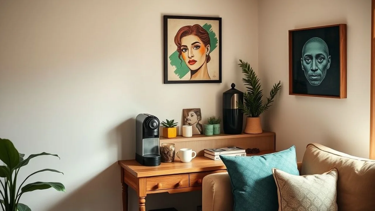 Cozy living room corner in Brazil, featuring a small coffee station with a wooden countertop, Cantinho do café aconchegante na sala de estar brasileira, com máquina de expresso e decoração rústica.