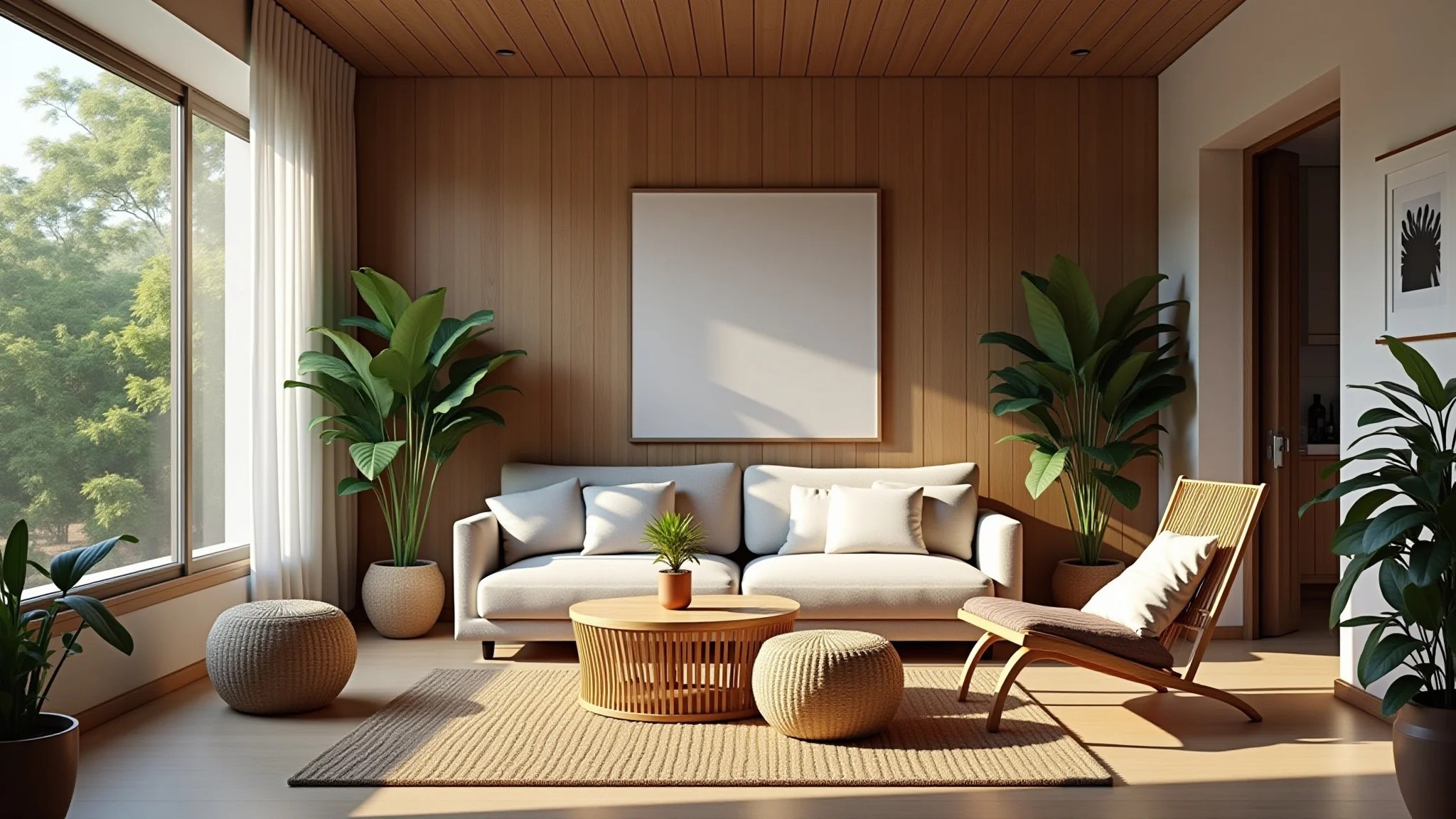 Sala de estar aconchegante com elementos de feng shui e decoração harmoniosa.