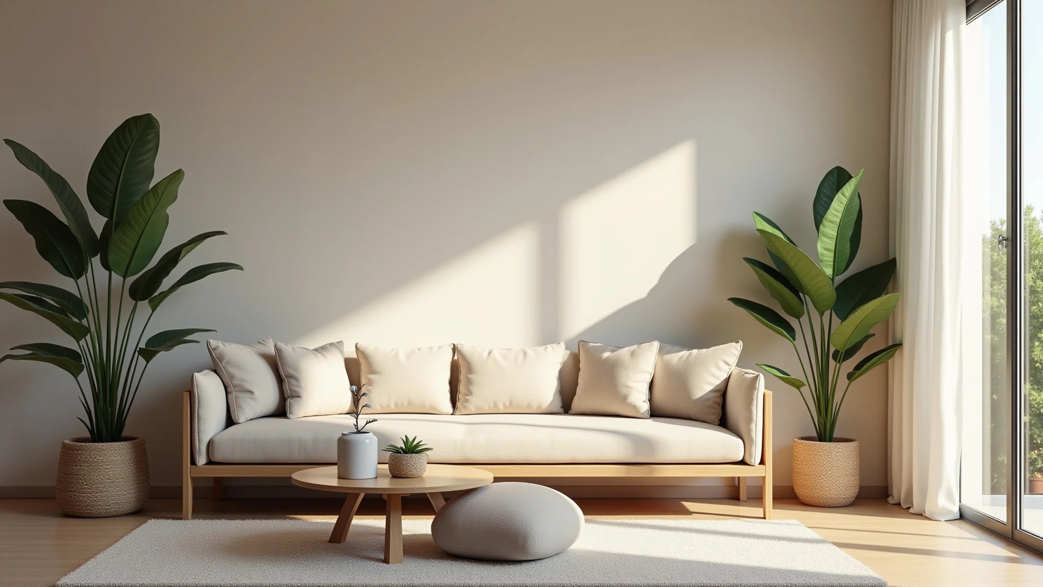 Sala aconchegante com feng shui, cores suaves e luz natural.