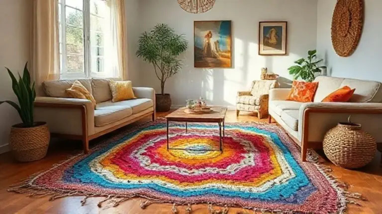 Sala aconchegante com tapete de crochê artesanal e design brasileiro.