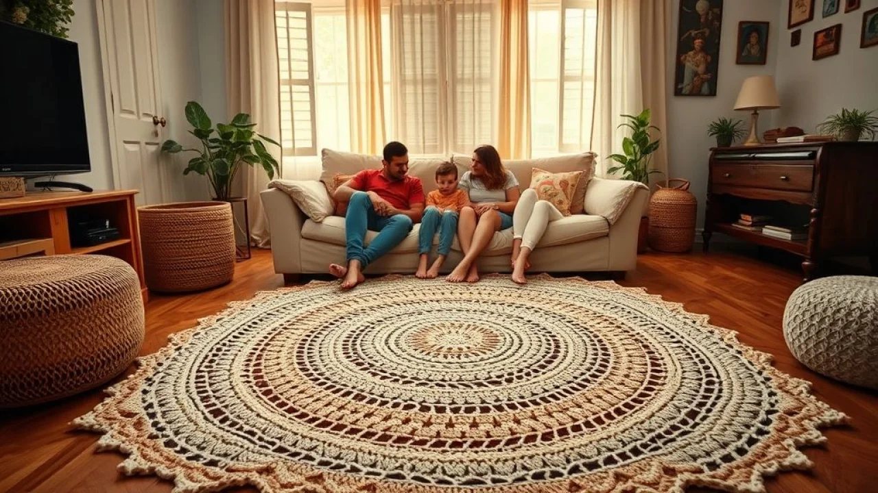 Cozy living room in a Brazilian home with a handmade crochet rug, soft lighting, warm colors, Sala aconchegante com tapete de crochê artesanal, família relaxando no sofá.