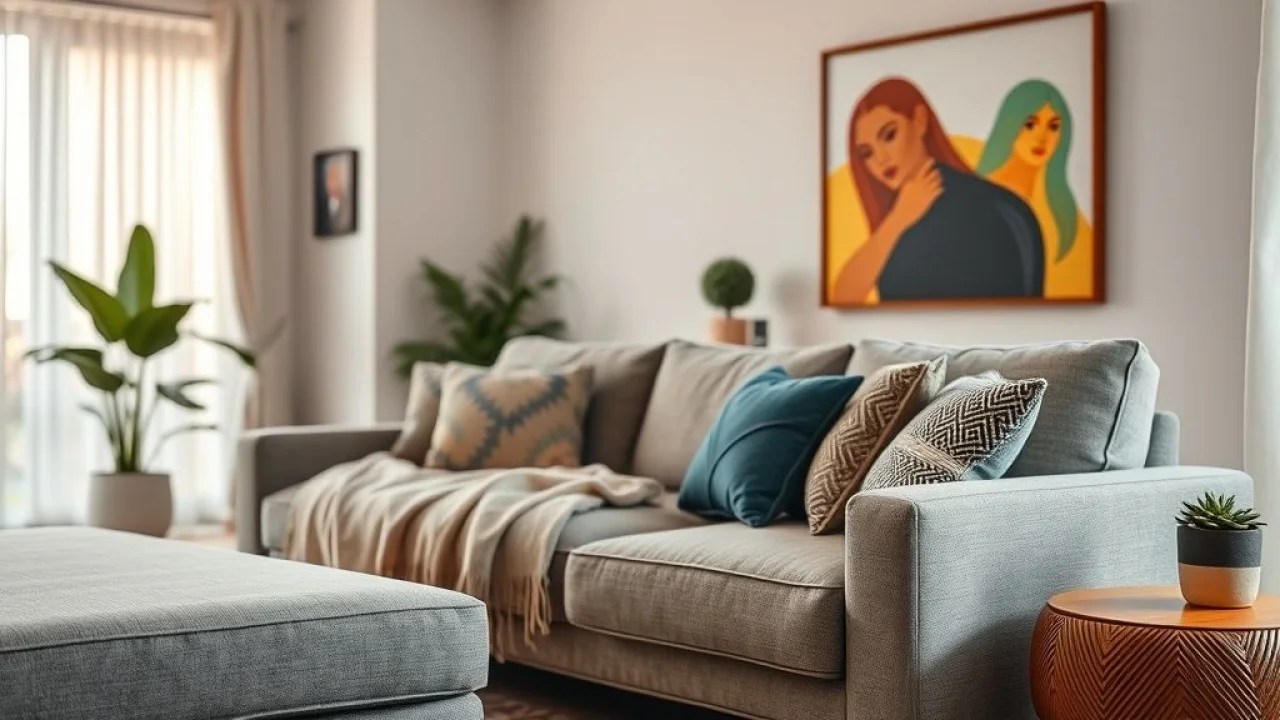 Cozy living room in a modern Brazilian home, featuring a comfortable fabric sofa with a throw Sala de estar aconchegante com sofá de tecido e iluminação suave em casa brasileira.