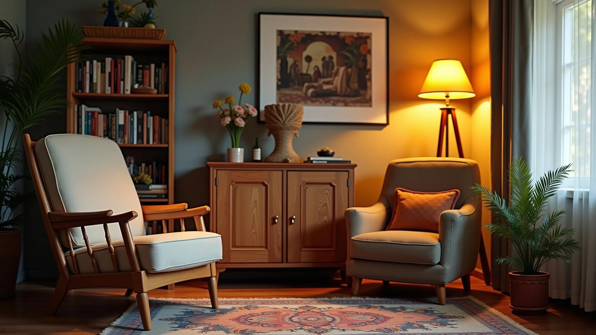 Sala de estar aconchegante com cantinho de leitura, poltrona confortável e estante de livros.