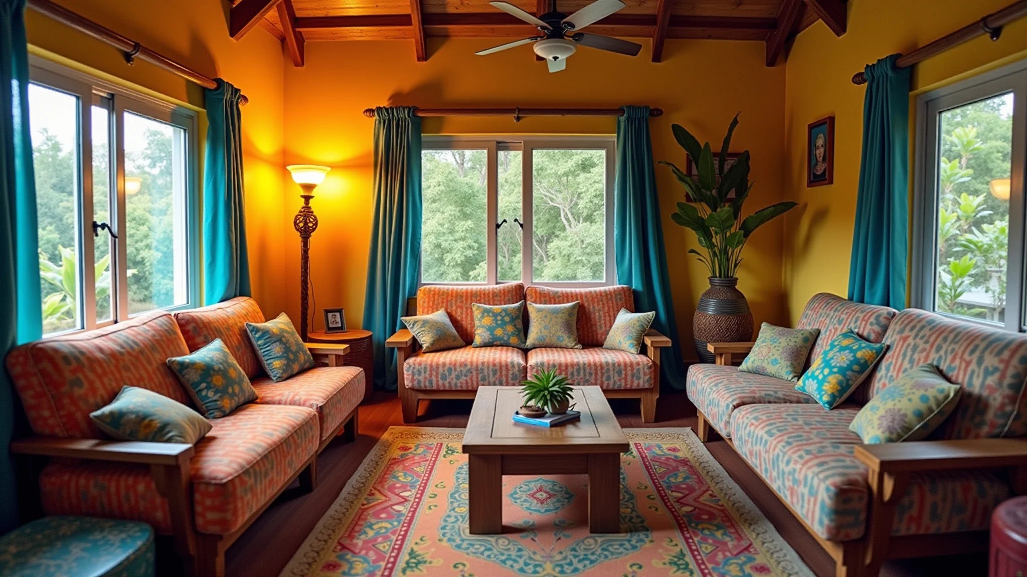 Sala aconchegante com decoração reciclada, almofadas coloridas e móveis reutilizados.
