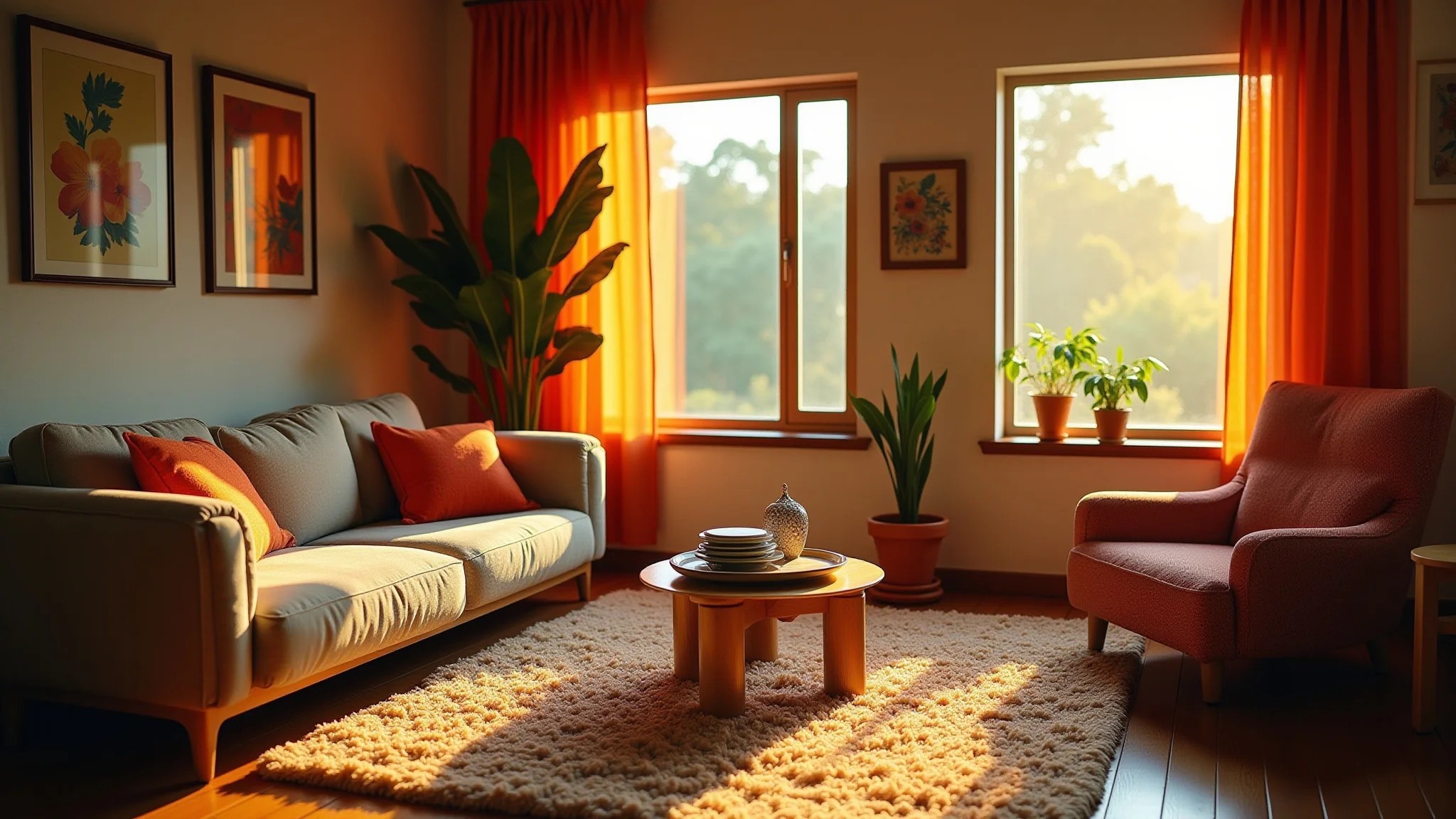 Sala aconchegante com tapete shaggy felpudo, iluminação suave, design brasileiro e cores vibrantes.