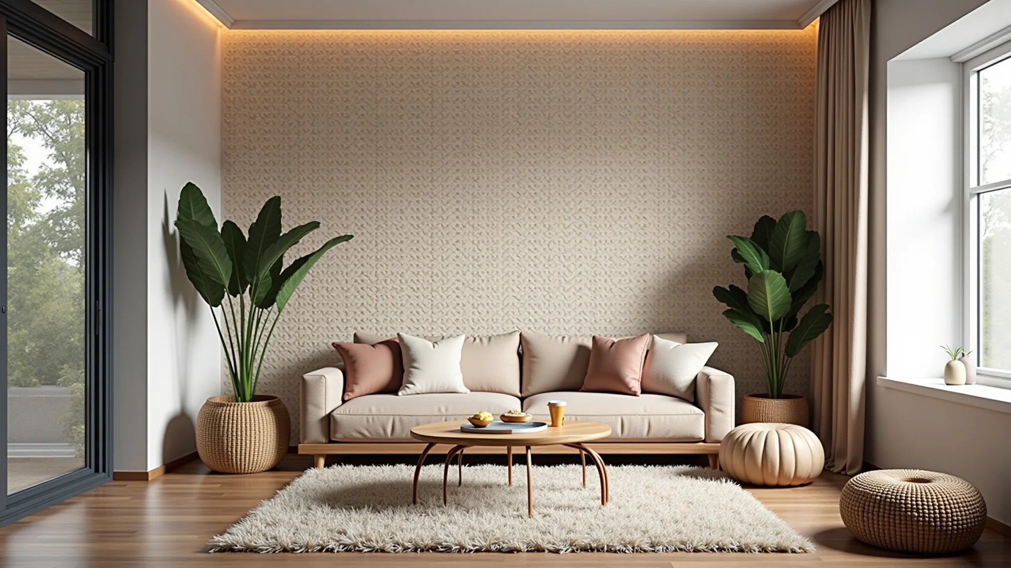 Sala aconchegante com parede de gesso 3D floral em estilo Farm Rio.