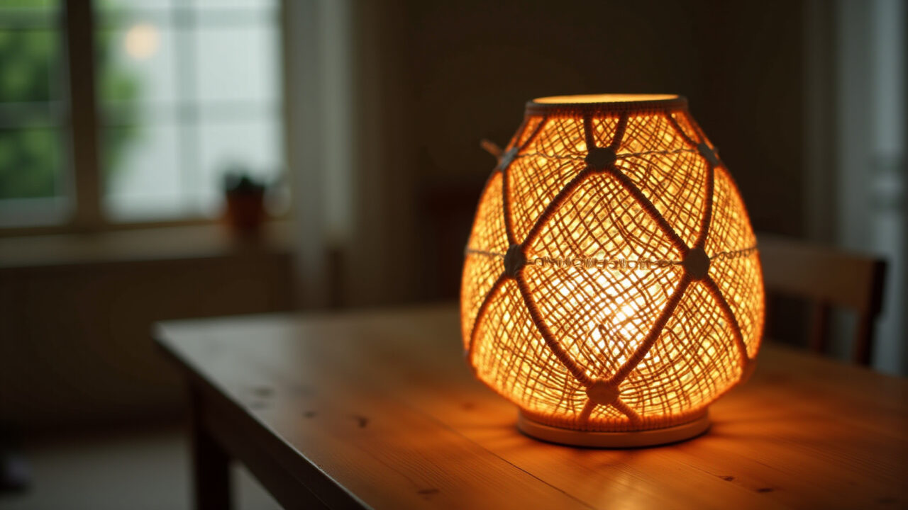 Luminária de macramê aconchegante com luz quente.