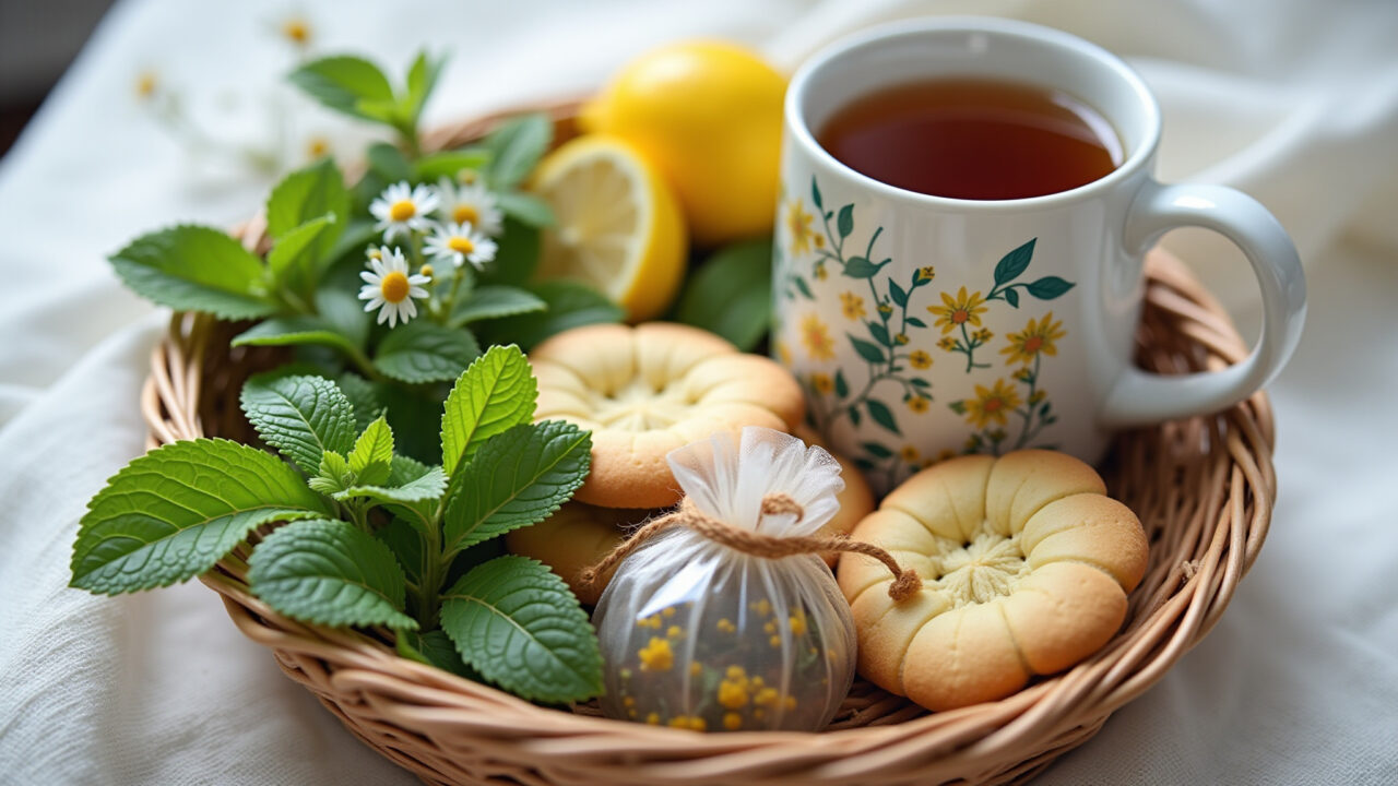 Cesta de chá relaxante com chás variados, biscoitos e caneca decorada.