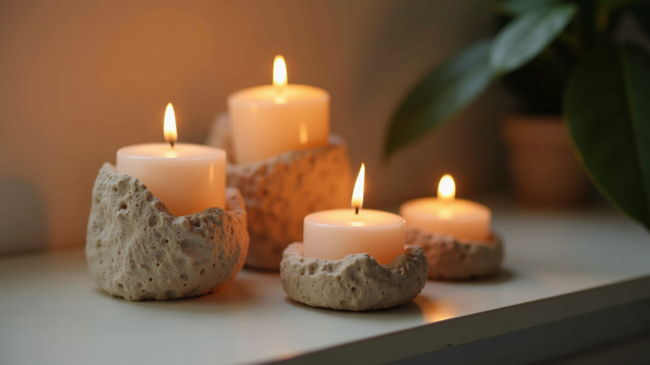 Porta-velas de gesso charmosos com velas acesas.