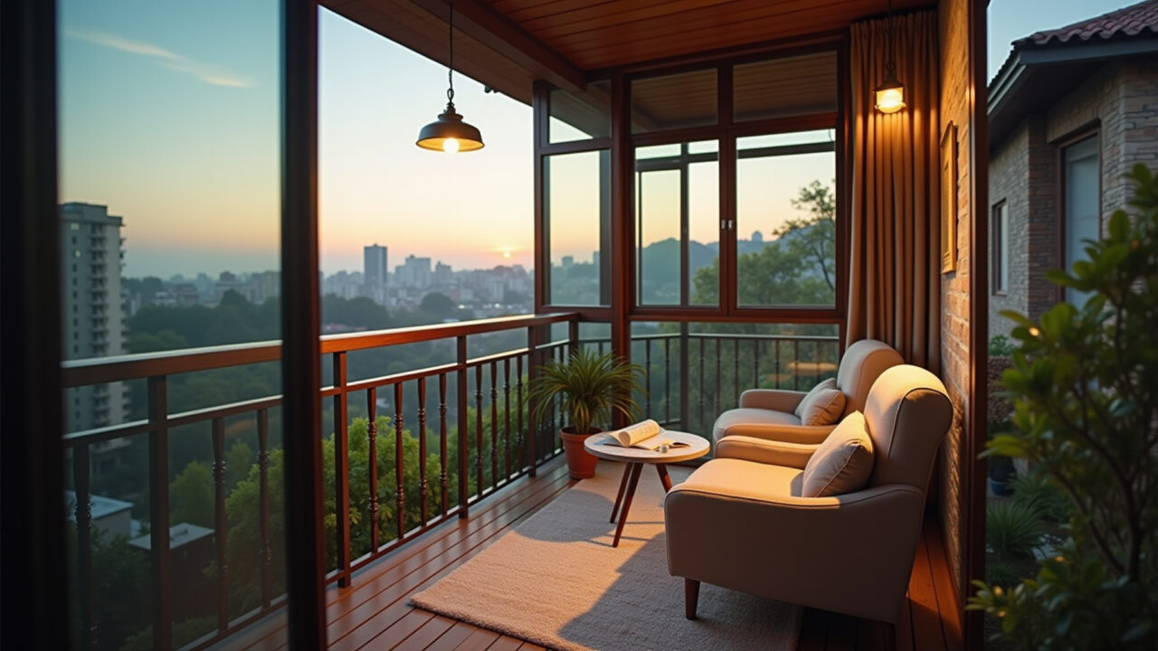 Cozy reading nook on a glass-enclosed varanda, featuring a comfortable armchair, soft lighting, Cantinho de leitura aconchegante em varanda fechada com vidro.