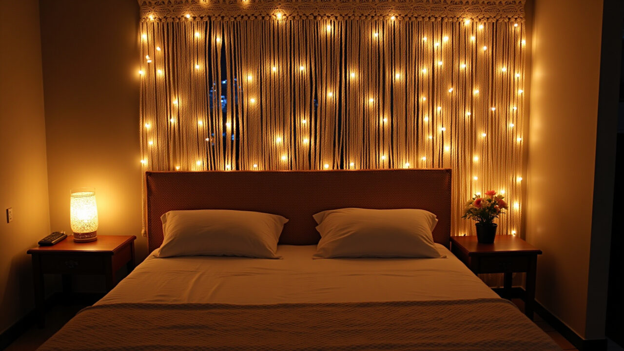 Cortina de macramê com luzes de LED, criando um ambiente mágico.