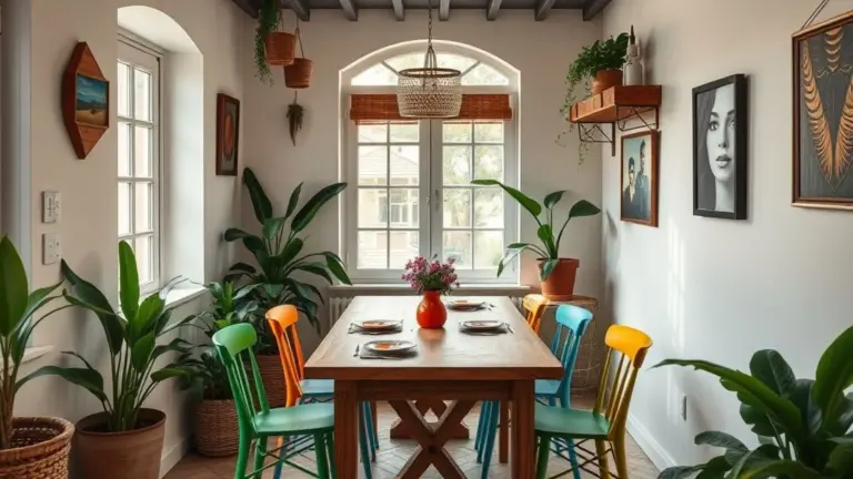 Sala de jantar pequena e aconchegante com decoração vibrante em estilo brasileiro.
